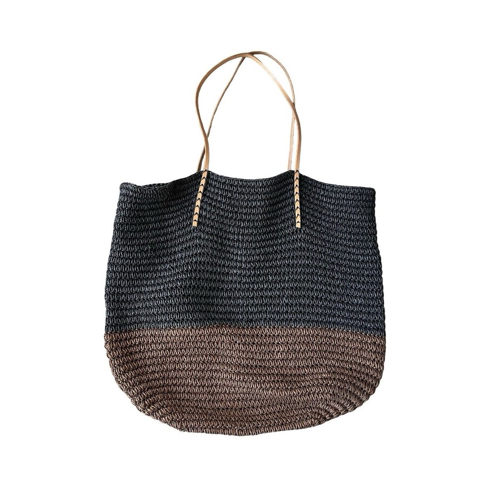 Merona Woven Straw Tote Bag Black Brown Colorblock Beach Shopper Large Purse